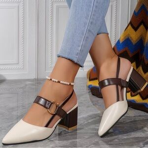 Elegant Cream and Brown Women's Block Heel Shoes